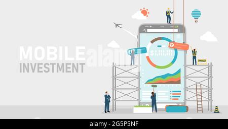 Mobile investment ( robot advisor, fin tech apps ) vector banner illustration Stock Vector