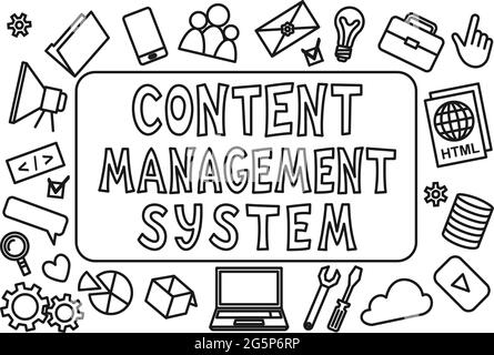 Line art black and white control management system infographic poster. CMS icon set vector illustration for web site, banner of leaflet background. Stock Vector
