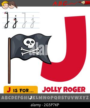 Educational cartoon illustration of letter J from alphabet with Jolly Roger flag Stock Vector
