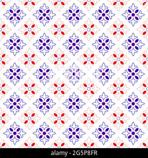 Ceramic tile pattern vector. Porcelain background design, blue and red. Floral decor vector illustration. Stock Vector