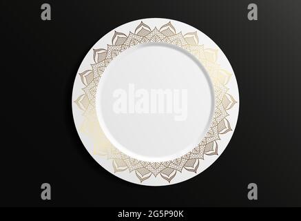 Decorative plate template. Round Geometric Floral Pattern. Decorative plate with a gold ornament of handwork and an empty space in the centre. Vector Stock Vector