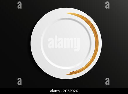 Decorative plate template, white plate with gold line. Vector image can be used for food menu or posters design,  Gold paint, brush stroke round frame Stock Vector