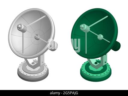 Isometric military and scientific radar, radio telescope for exploring universe and space for tracking flying objects. Ostronomical observations of st Stock Vector