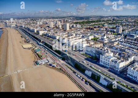 Aerial photo of Brighton City from Kemptown and along the beach by Madeira drive. Stock Photo
