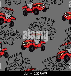 Seamless vector pattern with racing cars on grey background. Buggy car wallpaper design for Kids. Off road transportation fashion fabric style. Stock Vector