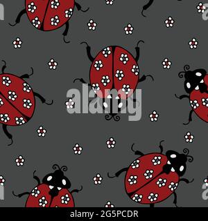 Seamless vector pattern with ladybugs on grey background. Simple hand drawn ladybird wallpaper design with flowers. Decorative fashion textile. Stock Vector