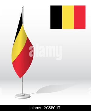 Belgium flag on flagpole for registration of solemn event, meeting foreign guests. National independence day of Belgium. Realistic 3D vector on white Stock Vector