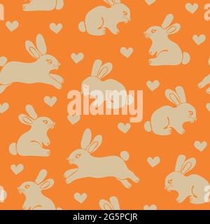 Seamless vector pattern with cute bunnies and love hearts on orange background. Decorative animal wallpaper design with rabbits. Stock Vector