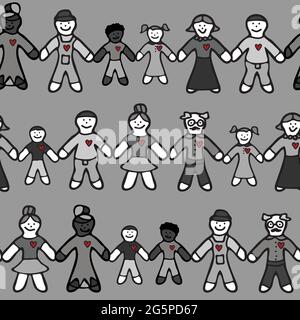 Seamless vector pattern with people holding hands on grey background. Simple humans love wallpaper design. Harmony family lifestyle art. Stock Vector