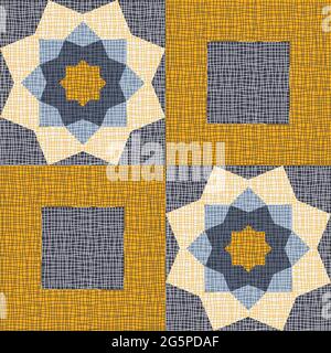 Seamless vector pattern with textured square flower patchwork on blue background. Decorative gypsy boho wallpaper design. Vintage floral quilt. Stock Vector