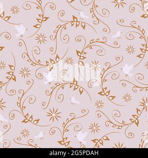 Seamless vector pattern with rambler flowers and white birds on light blue background. Romantic wallpaper design. Stock Vector