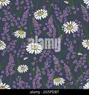 Seamless vector pattern with lavenders and chamomiles on blue background. Beautiful floral wallpaper design with flower meadow. Stock Vector