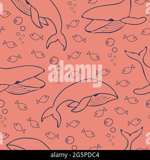 Seamless vector pattern with whales and fishes on pink background. Cute simple underwater wallpaper design. Line art with sea elements. Stock Vector