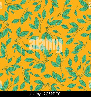 Seamless vector pattern with leaves on bright yellow background. Simple colourful wallpaper design. Stock Vector