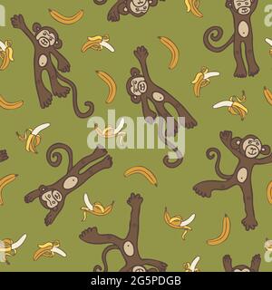 Seamless vector pattern with funny monkeys and bananas on green background. Cute animal wallpaper design for children. Stock Vector