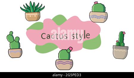 Cactus vector illustrations set in flat style. Succulents icon and object for design Stock Vector