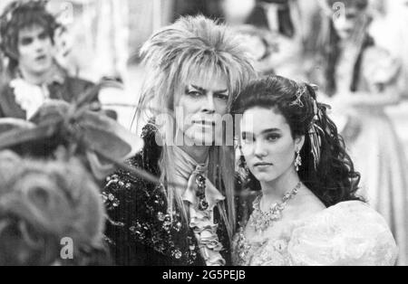 LABYRINTH 1986 Tri-Star Pictures film with David Bowie as Jareth, King of the Goblins and Jennifer Connelly as Sarah Williams searching for her baby brother Stock Photo