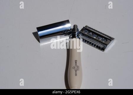 Edwin Jagger Chatsworth Imitation Ivory Double Edge Safety Razor Parts Opened Stock Photo