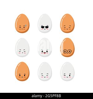 Cute chicken egg cartoon character icon set isolated on white background. Stock Vector
