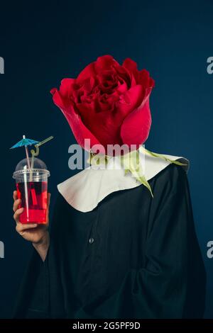 Female model in image of cloistress, nun headed of flower rose. Concept of comparison of eras, artwork, renaissance, baroque style. Creative collage Stock Photo