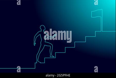 One line art man step up stairs. Road to success teamwork career progress. Continuous line job aim leader challenge concept vector illustration. Stock Vector