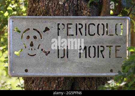 Metal sign danger of death due to electric pole Stock Photo