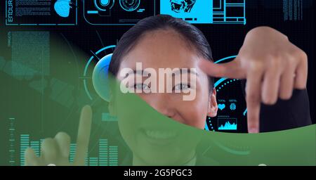 Composition of businesswoman touching screen with data processing Stock Photo