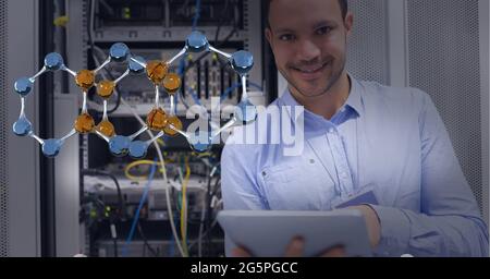 Composition of digital chemical compound over businessman using tablet by computer server Stock Photo