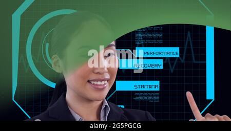 Composition of businesswoman touching screen with data processing Stock Photo