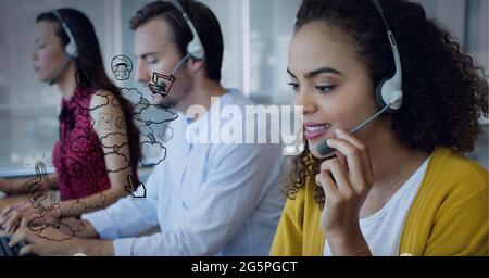 Composition of digital icons over business people using phone headsets Stock Photo