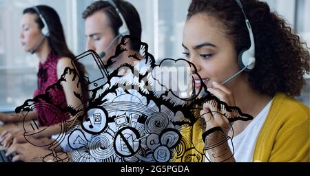 Composition of digital icons over business people using phone headsets Stock Photo