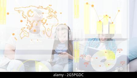 Composition of screen with digital data processing over family using electronic devices Stock Photo
