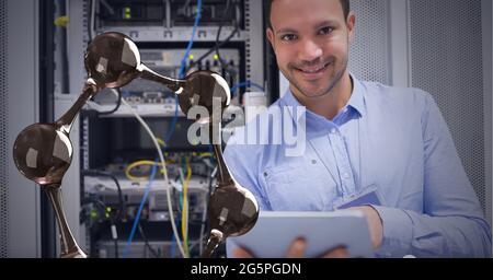 Composition of digital chemical compound over businessman using tablet by computer server Stock Photo