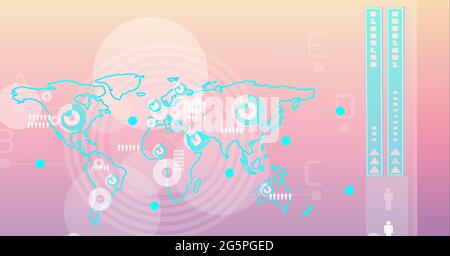 Composition of interactive screen with world map and data processing ...