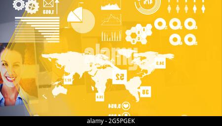 Composition of interactive screen with photos and data processing Stock Photo
