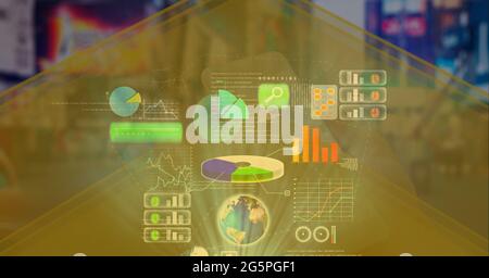 Composition of interactive screen with statistics and data processing Stock Photo