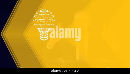 Composition of businessman touching interactive screen with lightbulb Stock Photo