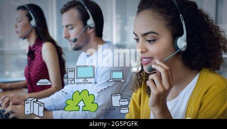 Composition of digital icons over business people using phone headsets Stock Photo