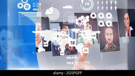 Composition of finger touching interactive screen with photos and data processing Stock Photo