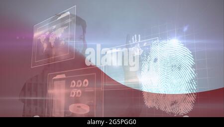 Composition of woman touching interactive screen with data processing Stock Photo