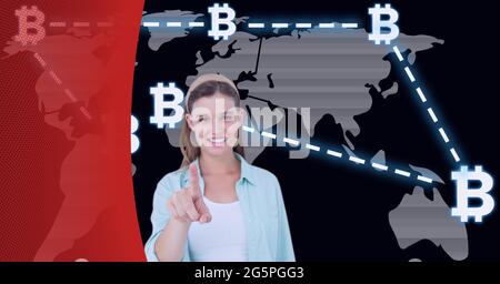 Composition of woman touching interactive screen with bitcoin symbols and world map Stock Photo