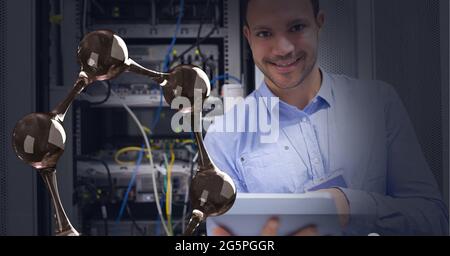 Composition of digital chemical compound over businessman using tablet by computer server Stock Photo
