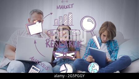 Composition of screen with digital data processing over family using electronic devices Stock Photo