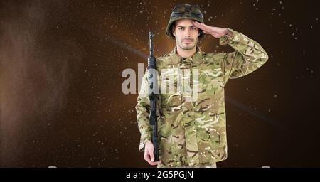 Composition of saluting male soldier with holding folded american flag ...