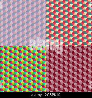 Set of colored hexagonal patterns with 3D effect drawing in retro style Memphis 60s Stock Vector