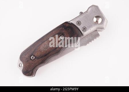 folding knife with wooden handle on white background Stock Photo