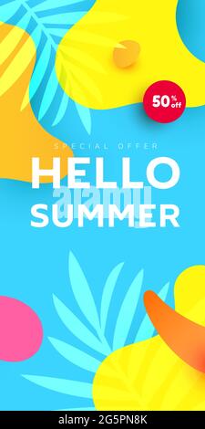 Vertical Summer sale editable template banner with fluid liquid elements, tropical leaves, watermelon slices on yellow background for greeting card Stock Vector
