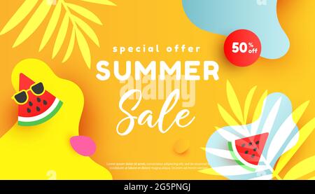 Summer sale editable template banner with fluid liquid elements, tropical leaves and bubble forms on yellow background with copy space for banner Stock Vector