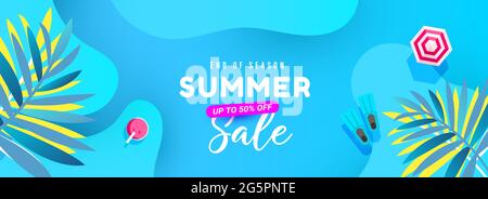 Hello Summer sale banner with sea tropical leaves background. Stock Vector