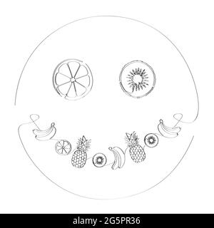 Funny smiley made of fruits. Drawn with one continuous line. Isolated stock vector illustration Stock Vector